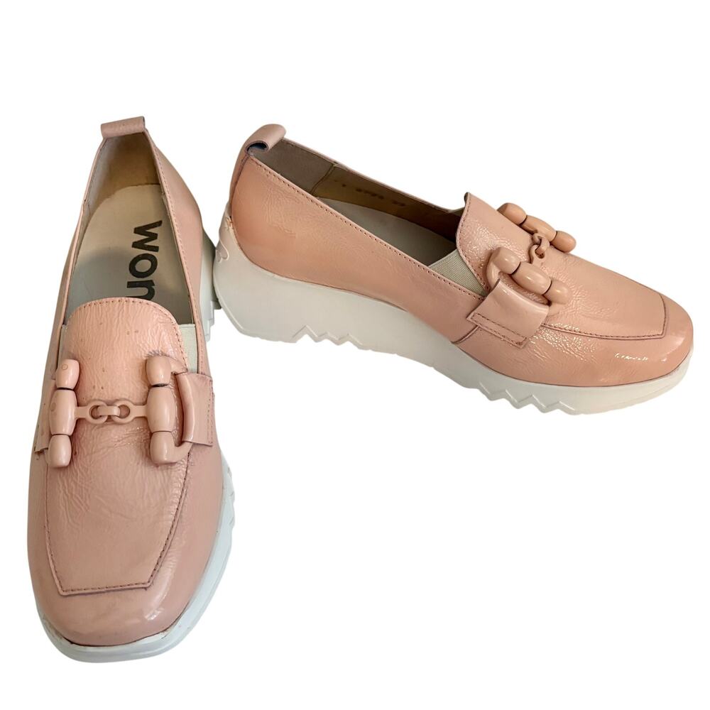 NWT Wonders Spain Blush Peach Patent Leather Wedge Loafers Slip On Platform